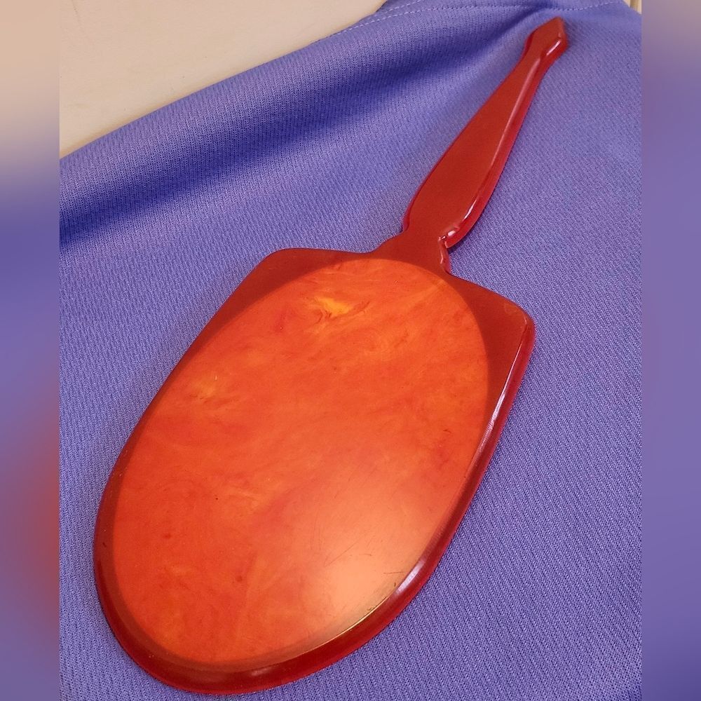Vintage VG 1930s/1940s Orange Marblized Celluloid/Bakelite Hand Mirror 12” Long